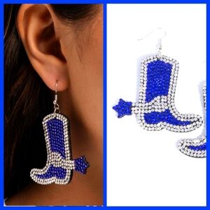 Blue and Silvertone Cowboy Boot Earrings with Star Accent NWT